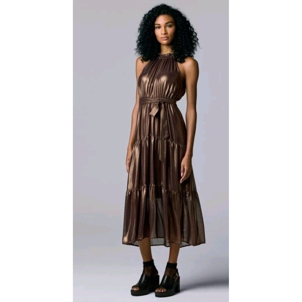 Simply Vera Vera Wang Bronze Metallic Halter Tiered Maxi Dress Small NWT $74‎